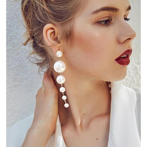 Trendy Vintage Long Simulated Pearl Dangle Clip On Earrings Without Piercing for Women Wedding Party ExaggeratedEar Clips Gift