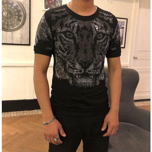 Hot drilling T shirt O-neck Short-sleeved Slim Fit Black Diamonds design T-SHIRT Man