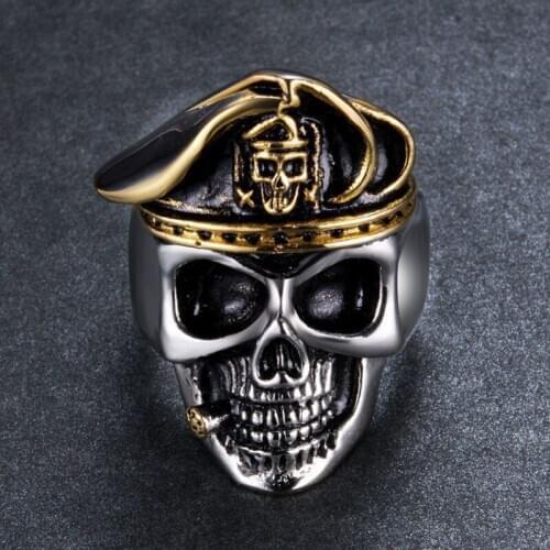 Gothic Punk Smoking Pipe Pirate Skull Rings for Men Retro Silver Color Exaggeration Devil Skeleton Male Ring Halloween Jewelry
