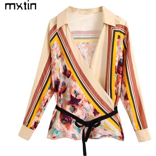 MXTIN 2021 Women Autumn Fashion Print Silk Blouses Vintage Lapel Collar Long Sleeve Bow Tied Straps Female Shirts Casual Tops