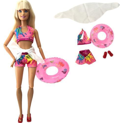 NK One Set Color Split Doll Movement Swimsuit Beach Swimsuit + Slippers + Swimming Buoy Lifebuoy Ring For Barbie Doll Child Gift