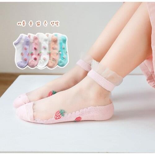 5 Pairs Breathable Ultra Ankle Socks Summer Thin Lace Silk Crystal Cartoon Girls Elastic Short Socks Female Sox Children Socks