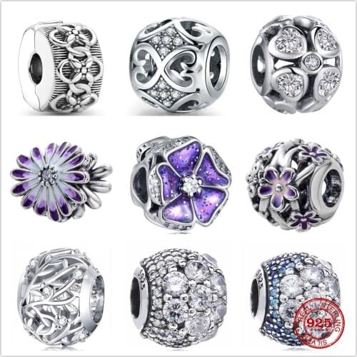 The new Silver Shiny Purple flower zircon beads pendant Fit Pandora Charm Silver 925 Original Bracelet DIY Jewelry For Women