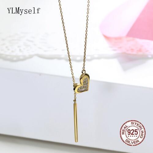 Real 925 Sterling Silver Necklace Heart design Gold-Color Fine Jewelry Lovely Silver necklace