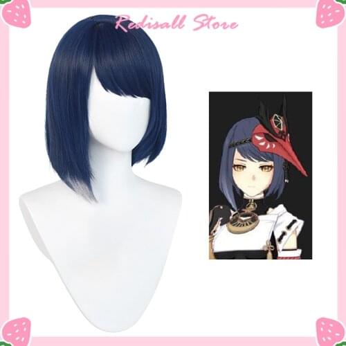 Genshin Impact Kujo Sara Wig Cosplay INAZUMA 35cm Short Mixed Blue Heat Resistant Synthetic Hair Free Wig Cap