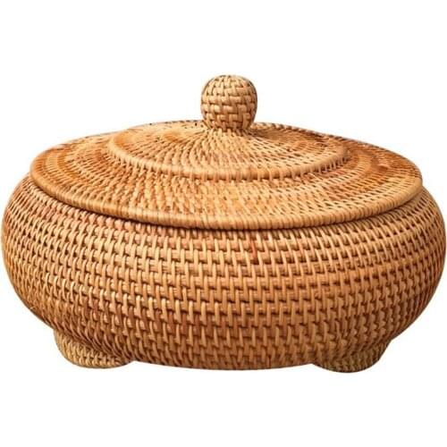 Storage Basket Hand-Woven Rattan Woven with Cover Round Primary Color Chinese Jewelry Snacks Tea Set Storage Box 22x13cm