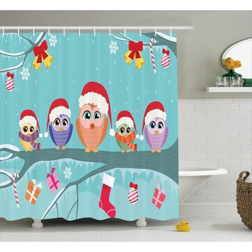 Christmas Shower Curtain Cute Owl Family Sitting on Tree Branch Like Little Elves of Noel Animal Bath Curtains For Bathroom