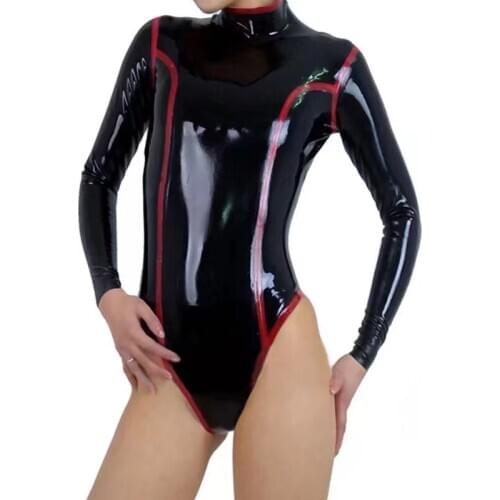 Long sleeved Sexy Black Latex swimsuit with zip at back Rubber bodysuits jumsuit plus size