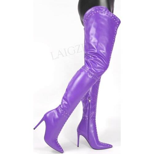 DOBANER Women Over Knee Boots Faux Leather Pointy Toe Heels Boots Female Bottes Mujer Ladies Shoes Woman Plus Size 42 43 45 47