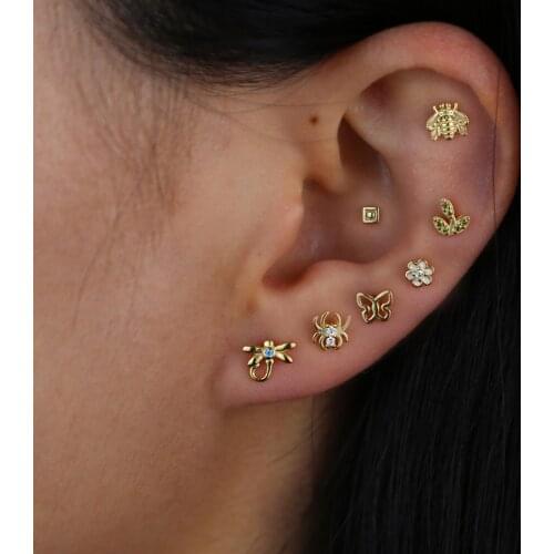 925 Sterling silver minimal small mini Square Dot Beaded Star tree heart Charm stud earrings cartilage piercing earring jewelry