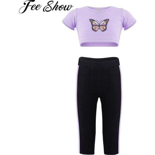 Toddler Baby Girls Tracksuit Clothes Set Kid Summer Butterfly Printed T-shirt Crop Top+Pants Trousers Outfit Children Sport Suit