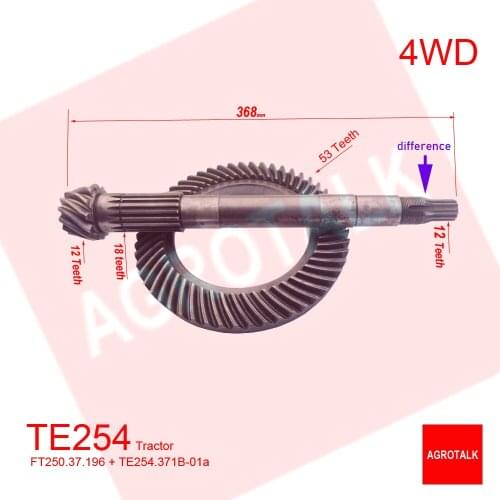 Driven spiral bevel gear and second shaft for Foton Lovol FT250 FT254 tractor, part number: FT250.37.196+FT250.37.102