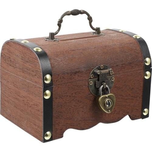 VICASKY Vintage Treasure Storage Box Piggy Bank Organizer Wooden Treasure Chest Box Decorative Wood Storage Trunk with Lock
