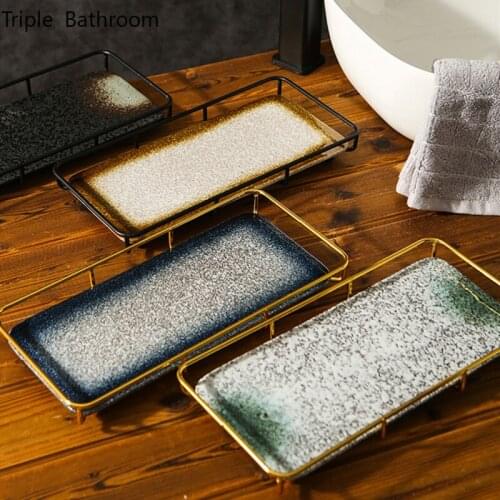 Japanese Storage Tray Ceramics Rectangle Restroom Wash Set Holder Cosmetic Jewelry Tray Bathroom Accessories Organizer