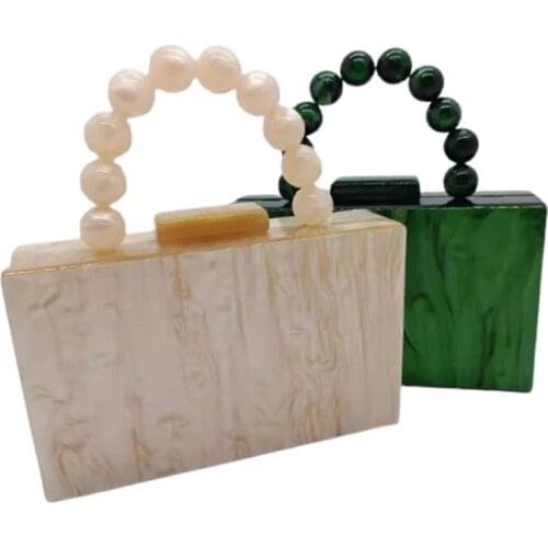Pearl Green Nude Color Acrylic clutch Day Box Bags Women Eevneing Bead Handle On Top Party Beach Girl Lady Handbag Purse Wallet