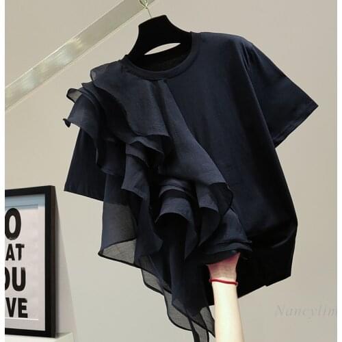 Irregular Ruffled Patchwork Short Sleeve T-shirt Woman 2021 Summer Korean Style Loose Cotton Shirts Girl Ladys Casual Tops
