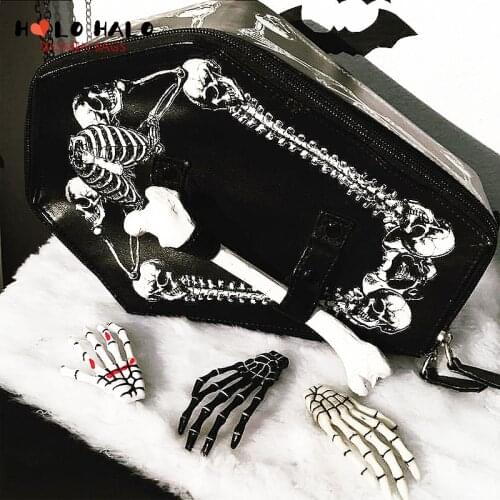 Dark Style Skull Coffin & Bat Women Handbag Casket Shaped Clutch with Chain Strap Gothic Purse for Women Handbag