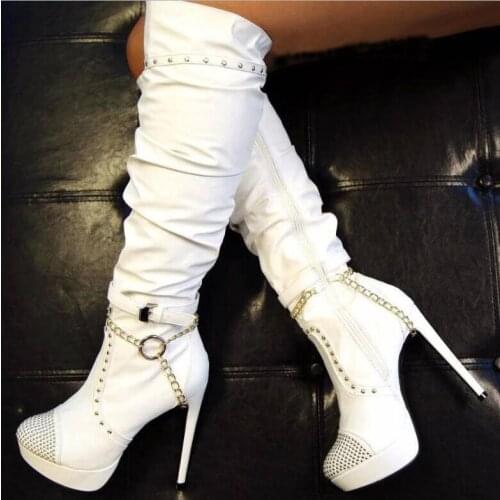 New White Color Rivets Platform Long Boots Women Fashion Metal Chains Metal Ring Stiletto Heel Leather Over the Knee Boots Lady