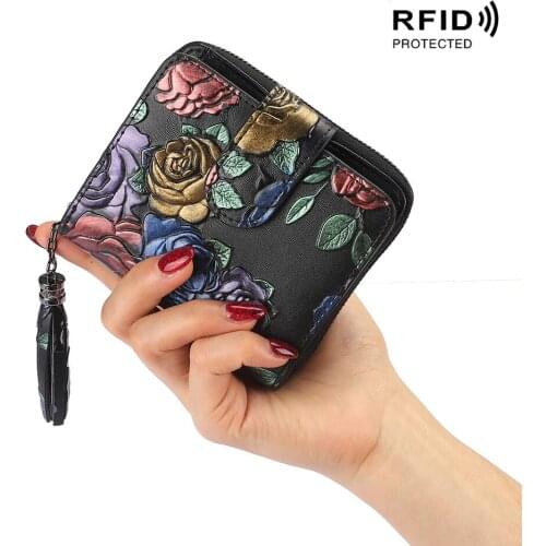 Women Mini Short Wallets Genuine Leather Lady Zipper Coin Purses Fashion Rose Flower Buckle Wallet