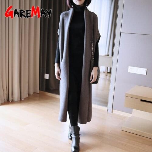 GareMay 2021 Autumn Korean Fashion Loose Long Oversized Black Cardigan Women Vest Sleeve Knitted Sweater Coat Clothing Ladies