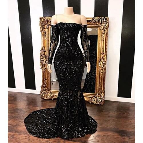 Long Prom Dresses 2020 Boat Neck Long Sleeve Sequined Floor Length Mermaid African Black Girl Prom Dress