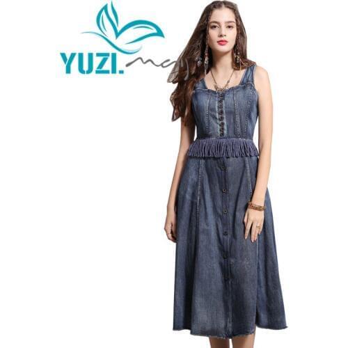 Summer Dress 2019 Yuzi.may Boho New Denim Dresses Female Sleeveless A-line Single Breasted Patchwork Vestidos A82130