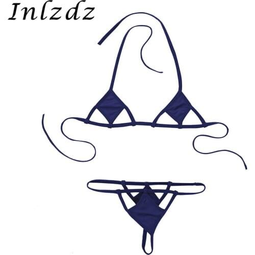 Womens Lingerie Mini Micro Bikini Set Exotic Minimal Cover Halter Neck Self-tie Hot Sexy Bra Top with G-String Briefs Underwear