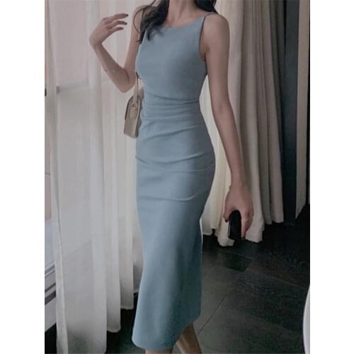 2021 New Bodycon Midi Dress Women Backless Summer Sexy Club Elegant Sleeveless Spaghetti Strap Party Dress