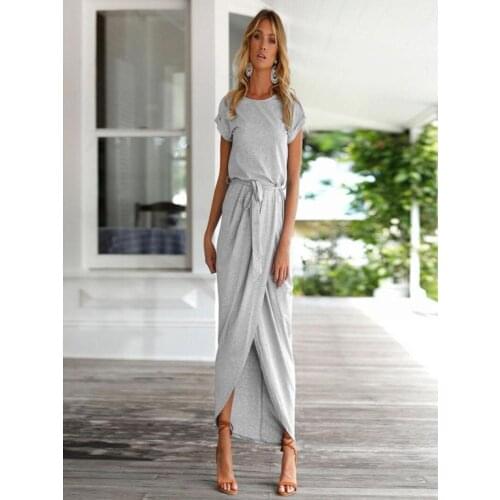 Dresses for Women 2021 Casual Round Neck Split Fork Ladies High Waist Loose Solid Color Dress Summer Vestidos Falda Larga