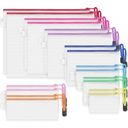 18 Pack 8 Sizes Zipper Mesh Pouch, Waterproof Zipper File Bags Document Pouch Multipurpose Travel Bags (9 Colors)