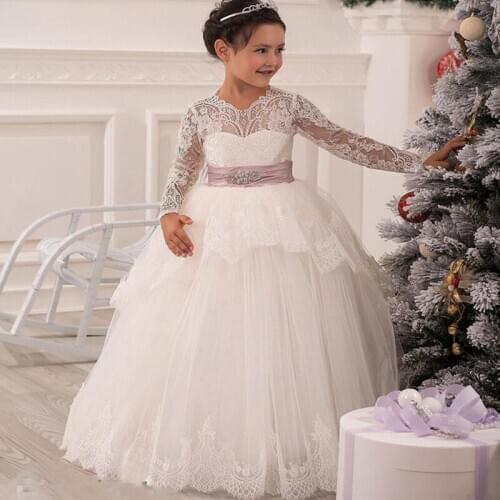 2021 Winter Pageant Ball Gown Long Sleeves Flower Girl Dresses Kids Dress For Girls Clothes Children Clothes Party Wedding Dress