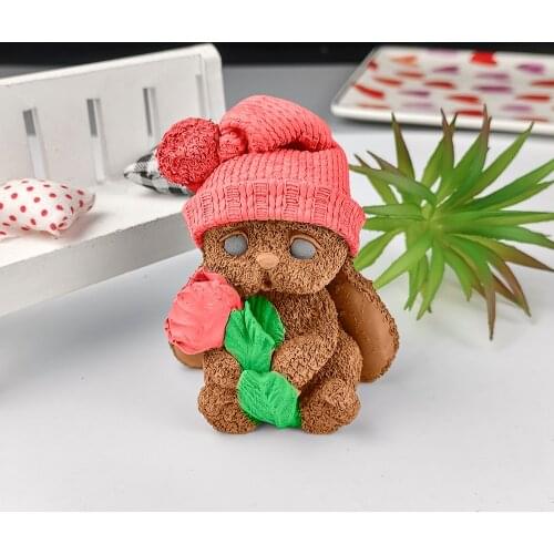 DW0241 PRZY Lop-eared Rabbit Candle Moulds Woolen Hat Rabbit Hug Flowers Mold Silicone Bunny Mold Soap Molds Clay Resin Moulds