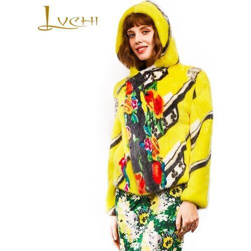 LVCHI 2019 Import Real Mink Fur Coats Gold Print Flower Womens Full Sleeve Print With Fur Hood Colorful Short Slim Mink Coats