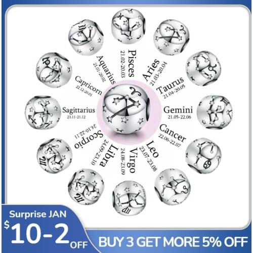 CodeMonkey Genuine 925 Sterling Silver 12 Constellation Zodiac Round Beads Fit Original 3mm Bracelet Charms Jewelry CMC1218
