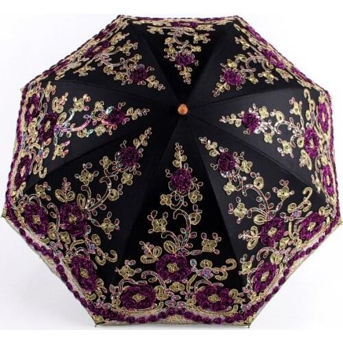 Double Fold Lace Embroidered Umbrella Aurora Two Fold Umbrella Umbrella Black Rubber UV Umbrella