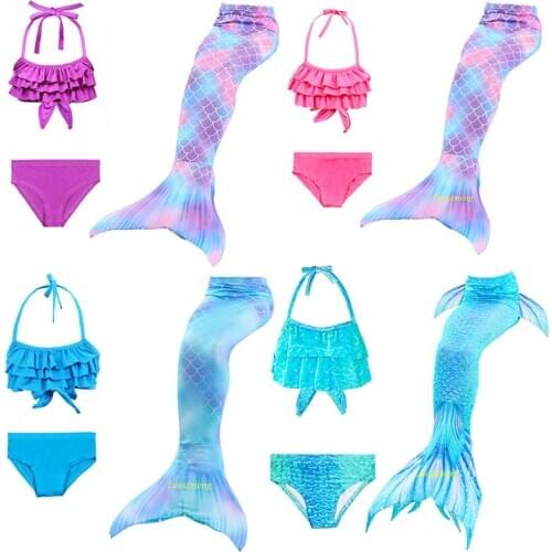 3Pcs Girls Swimsuit Mermaid Tails for Swimming Bikini Set Swimmable Mermaid Costume for Kids Children Swimwear (No Monofin)