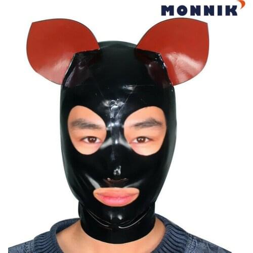 MONNIK latex Latex mask Latex Mask Realistic Rubber Unisex Hood with Red ear for Catsuit Wear