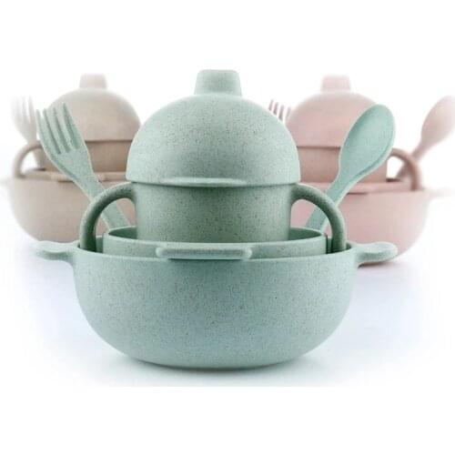 5pcs Set Wheat Stalk Children Tableware Baby Dishes Plate Bowl Cup Fork Spoon Dinnerware Feeding Set Food Container Cutlery Set
