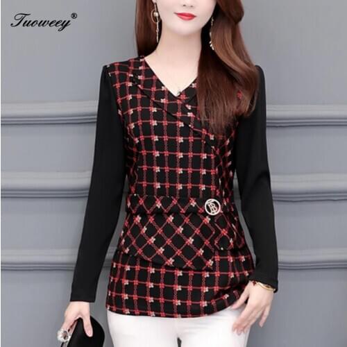 2020 Autumn Womens Shirts v-neck plaid Button Split office elegant Slim Women Blouse Fashion plus size 4XL Tide New