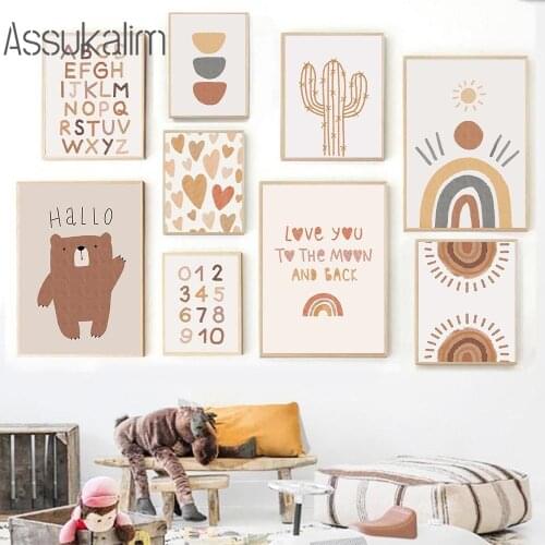Bear Wall Poster Cactus Canvas Print Rainbow Art Picture Sun Posters Abstract Boho Wall Paintings For Baby Room Decoration