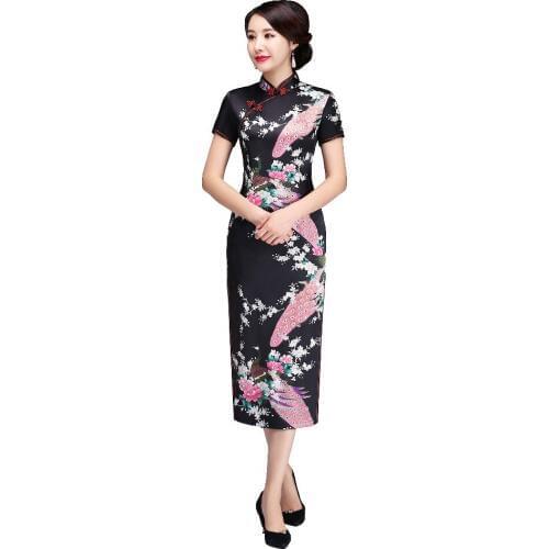 Shanghai Story Short Sleeve Peacock Qipao Long Cheongsam Dress peafowl Chinese Traditional Dresses for Women 8 Color