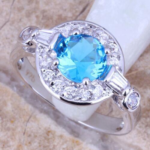 Eye-catching Sky Blue Cubic Zirconia White CZ Silver Plated Womens Ring Size 5 / 6 / 7 / 8 / 9 R0865