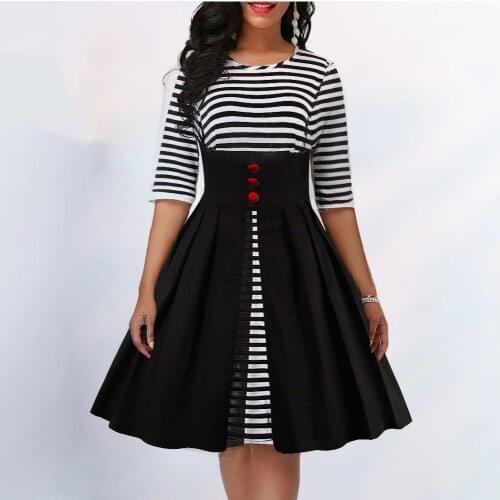 MISSJOY 2019 Patchwork Simple Women Dresses Vintage Party Knee-Length High Waist Button A-Line Half Sleeves Elegant Plus Size