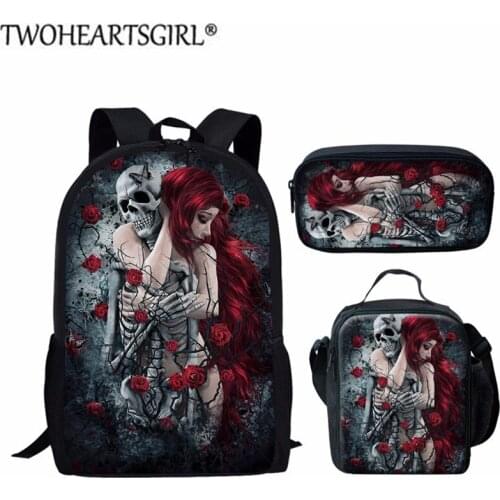 Twoheartsgirl Teen Backpack Floral Skull Girls Printed Student School Bags for Highschool Girls Stylish Rucksack Knapsack Set
