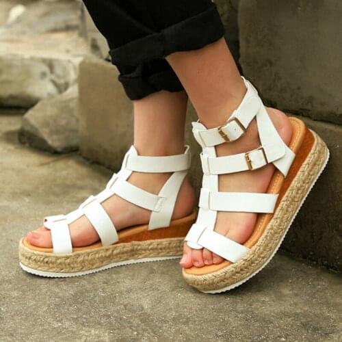 New Platform Woman Shoes Open Toe Ladies Leather Linen Solid Color Sandals Summer Shoes Fashion Buckle Women Sandals