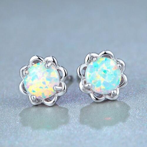 Women Earrings Fashion Blue Imitation Fire Opal Flower Stud Earrings For Women Vintage Jewelry Accessories Birthday Girl Gift