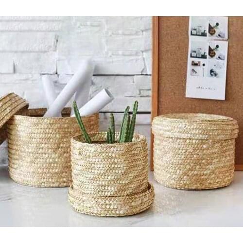 Handmade Straw Woven Storage Basket With Lid Snack Organizer Storage Box Laundry Baskets Rattan Storage Flower Basket 1pc