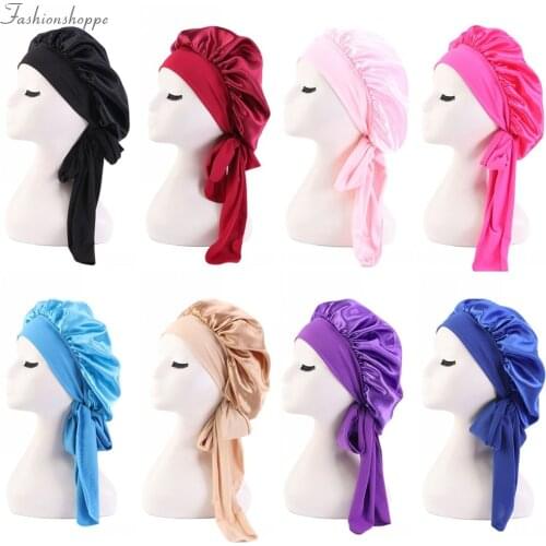 High Quality Women Satin Bonnet Solid With Wide Tie Long Hair Care Night Sleep Hat Adjust Hair Styling Silk Head Wrap Shower Cap