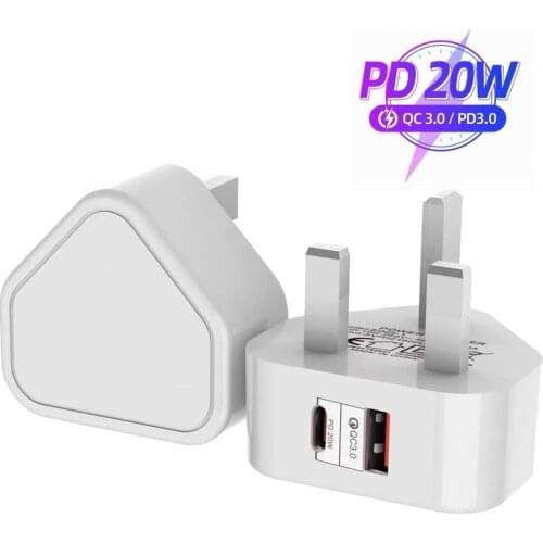 50pcs QC3.0 Type C USB PD Dual port Quick Charger Travel Adapter 20W Smart QC 3.0 USB Fast Charging UK Plug For iPhone samsung