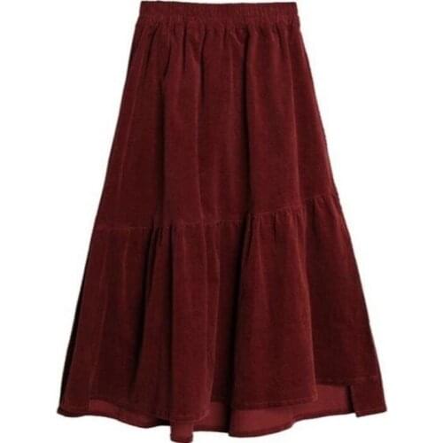Y2k Corduroy Irregular Black Pleated Skirt Women Vintage Autumn Winter Wine Red Long Skirt 2021 Students Sweet Cute Midi Skirt